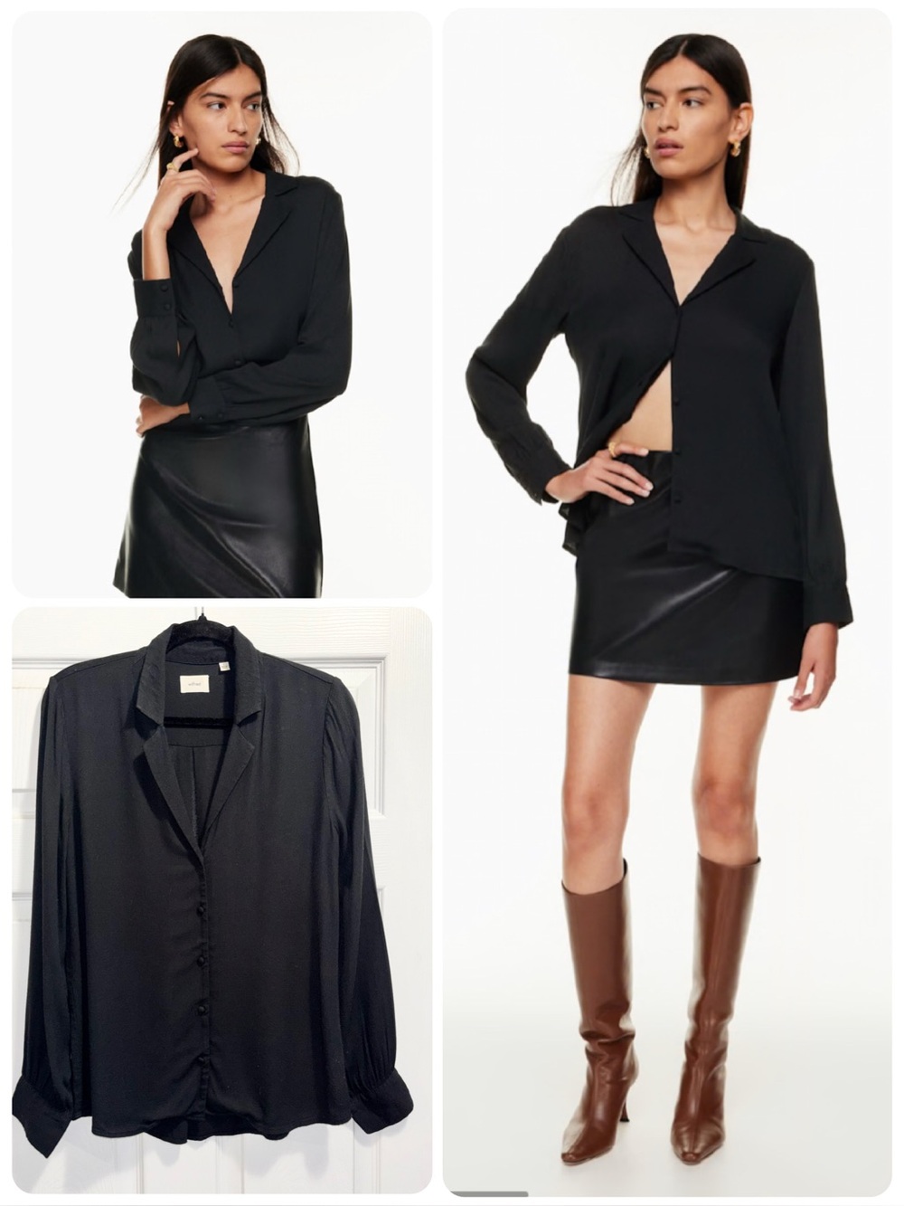 Aritzia Wilfred Tulum Blouse Black Longsleeve Crepe Button Up Blouse Size Small